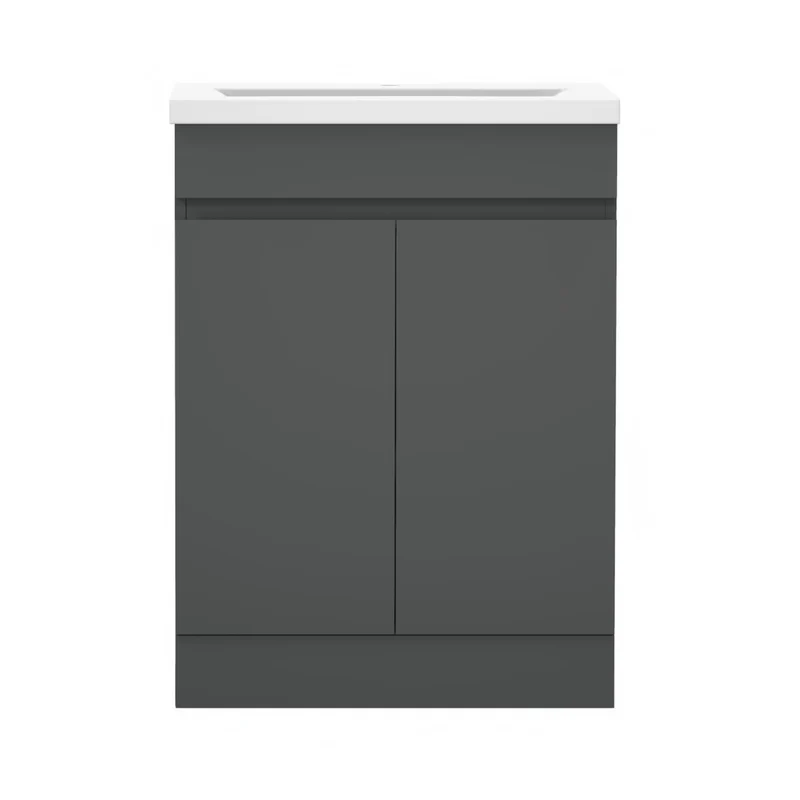 Meuble de salle de bain, Meuble sous vasque sur pieds 2 portes et vasque céramique, Blanc/Anthracite 60cm