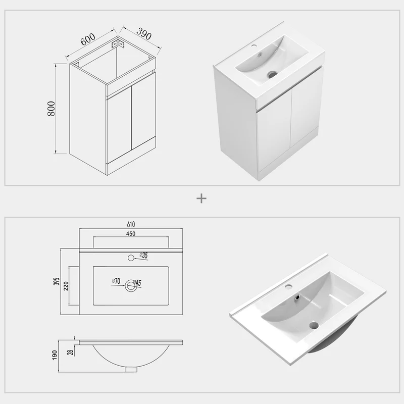 Meuble de salle de bain, Meuble sous vasque sur pieds 2 portes et vasque céramique, Blanc/Anthracite 60cm
