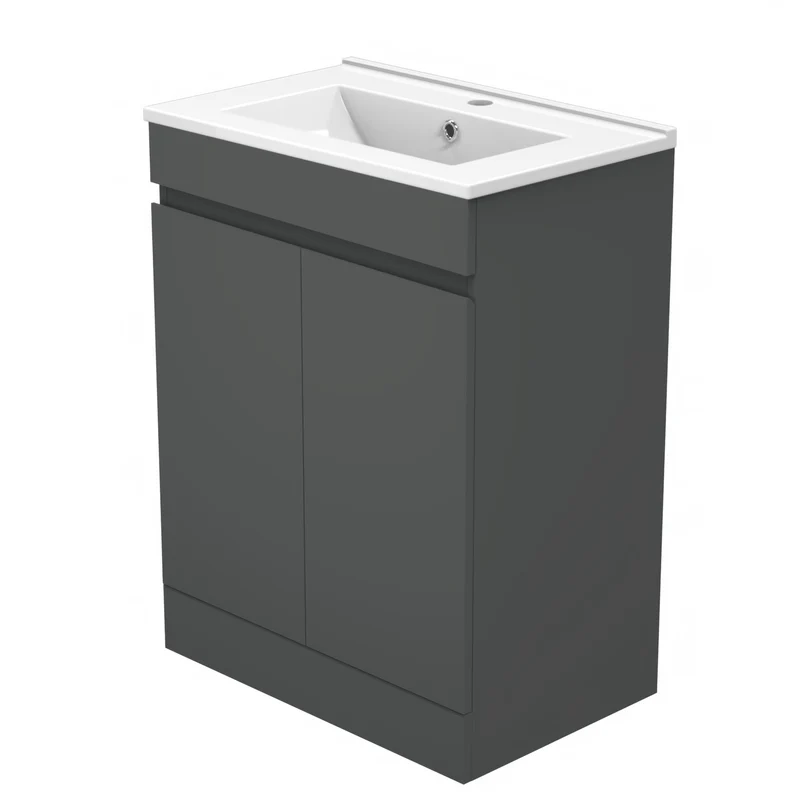 Meuble de salle de bain, Meuble sous vasque sur pieds 2 portes et vasque céramique, Blanc/Anthracite 50cm