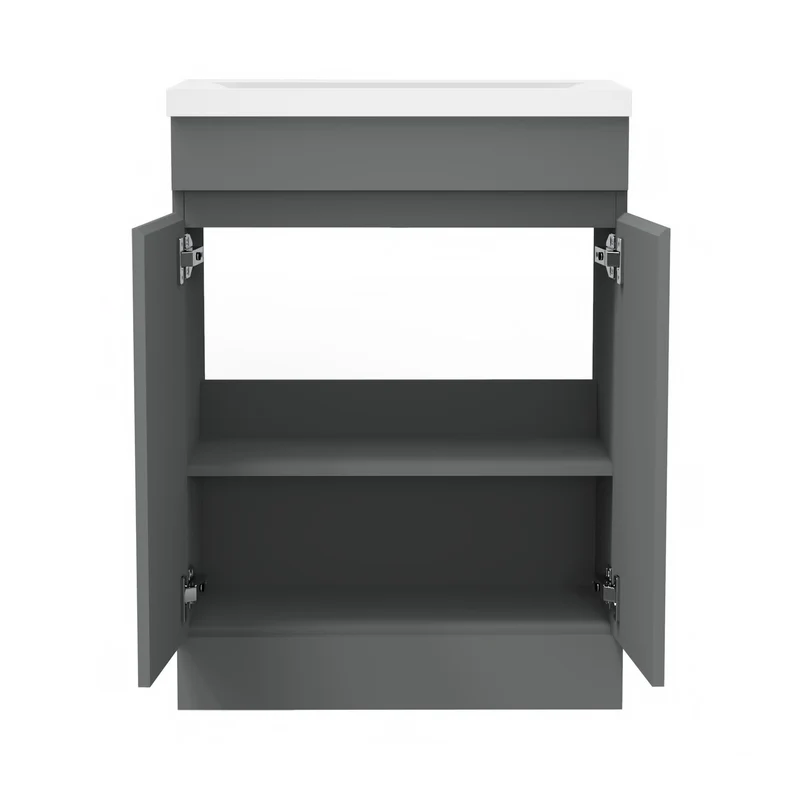 Meuble de salle de bain, Meuble sous vasque sur pieds 2 portes et vasque céramique, Blanc/Anthracite 50cm