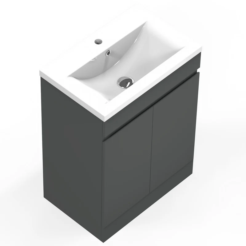 Meuble de salle de bain, Meuble sous vasque sur pieds 2 portes et vasque céramique, Blanc/Anthracite 50cm