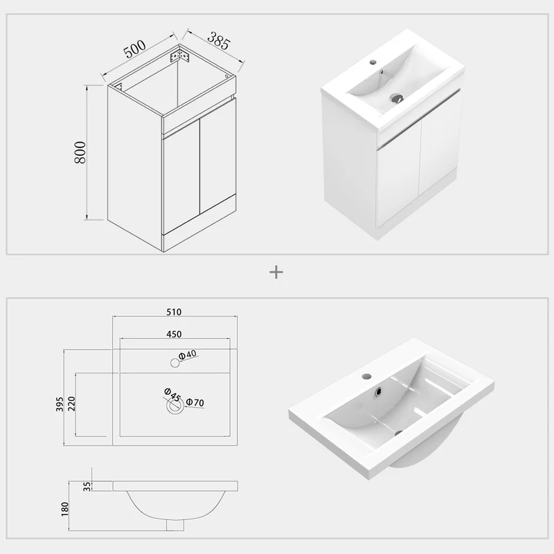 Meuble de salle de bain, Meuble sous vasque sur pieds 2 portes et vasque céramique, Blanc/Anthracite 50cm