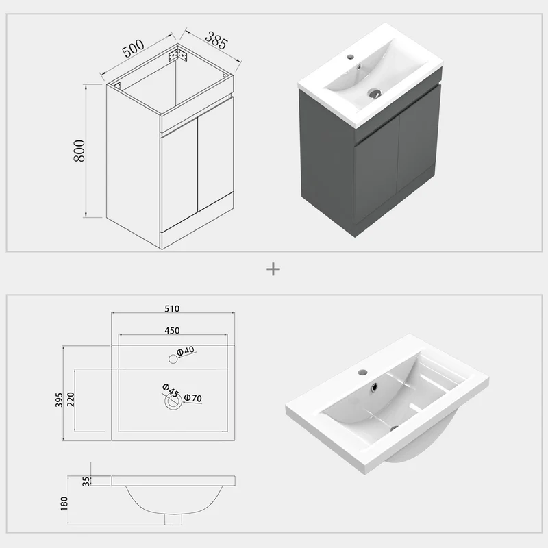 Meuble de salle de bain, Meuble sous vasque sur pieds 2 portes et vasque céramique, Blanc/Anthracite 50cm
