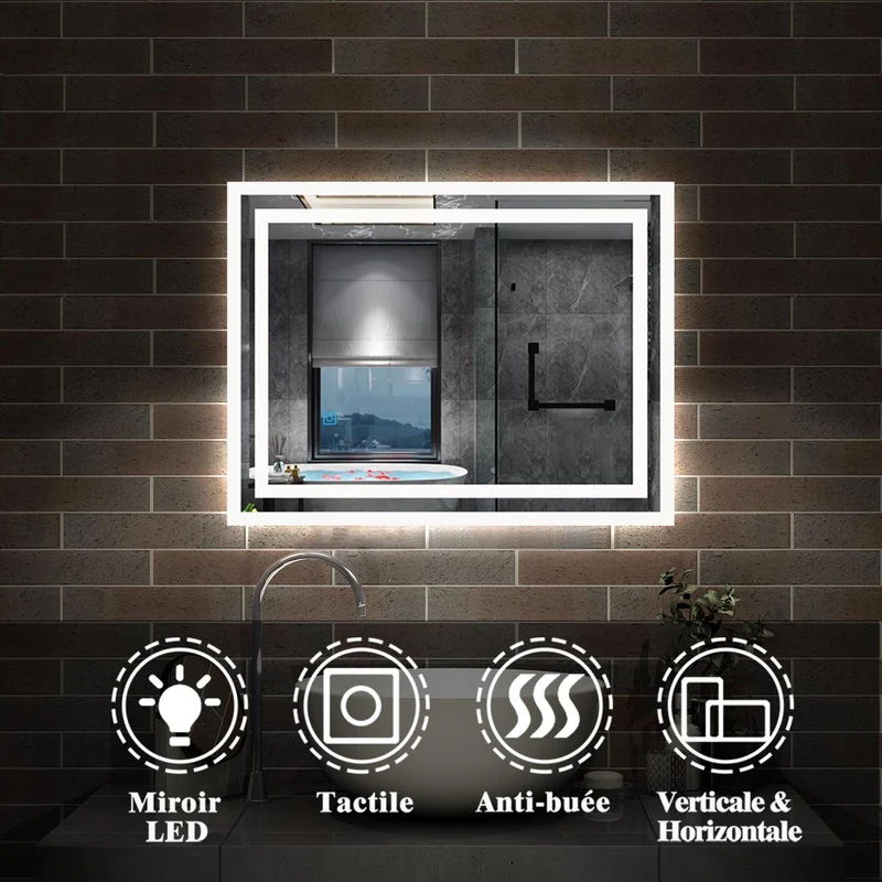 Miroir mural de salle de bain, illumination LED, éclairage intégré, lumière Blanche Froide/Anti-buée 70cmx50cm
