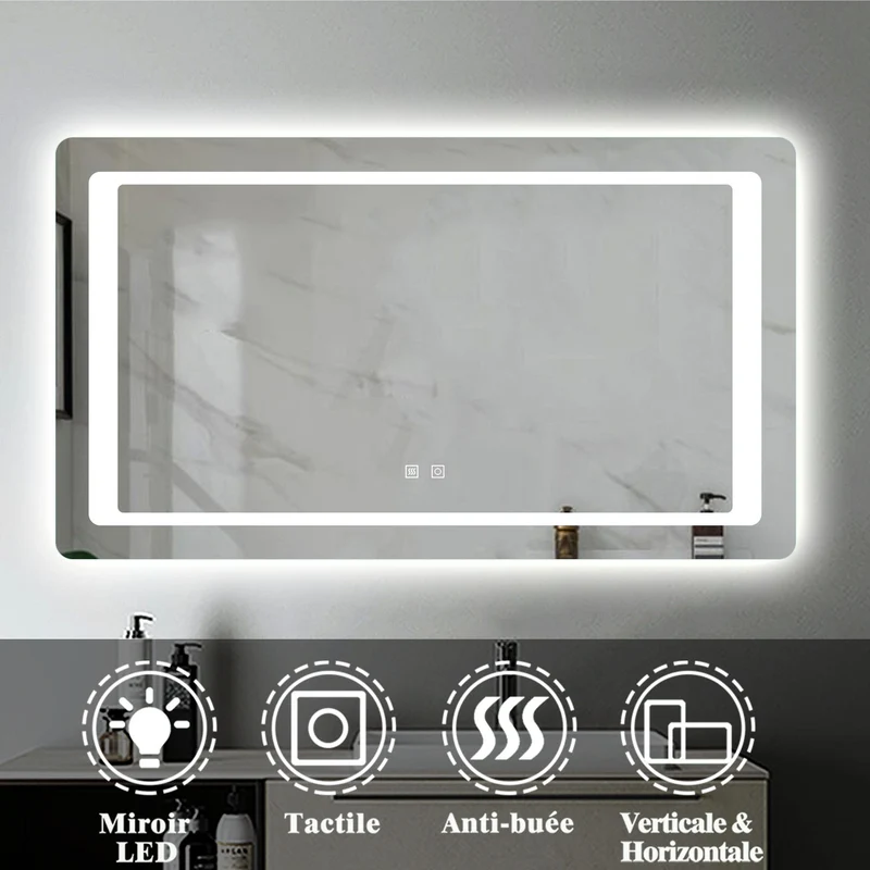 Miroir Mural de Salle de Bain modèle Carré, éclairage LED intégré, 2 interrupteurs tactiles avec anti-buée