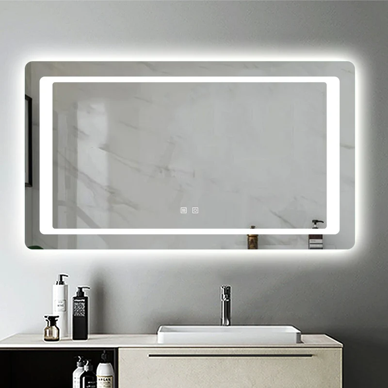 Miroir Mural de Salle de Bain modèle Carré, éclairage LED intégré, 2 interrupteurs tactiles avec anti-buée