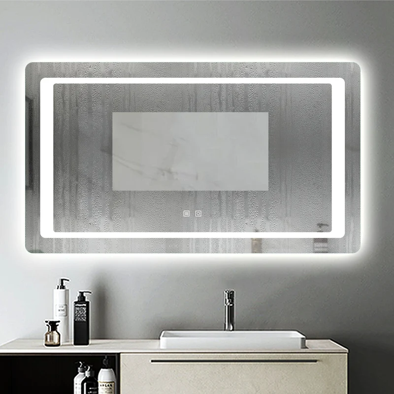 Miroir Mural de Salle de Bain modèle Carré, éclairage LED intégré, 2 interrupteurs tactiles avec anti-buée