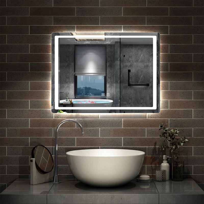 Miroir Mural de Salle de Bain modèle Carré, éclairage LED intégré, 2 interrupteurs tactiles avec anti-buée