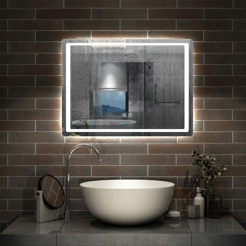 Miroir Mural de Salle de Bain modèle Carré, éclairage LED intégré, 2 interrupteurs tactiles avec anti-buée