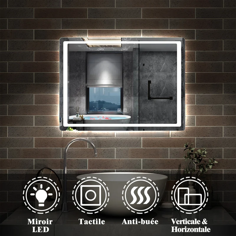 Miroir Mural de Salle de Bain modèle Carré, éclairage LED intégré, 2 interrupteurs tactiles avec anti-buée