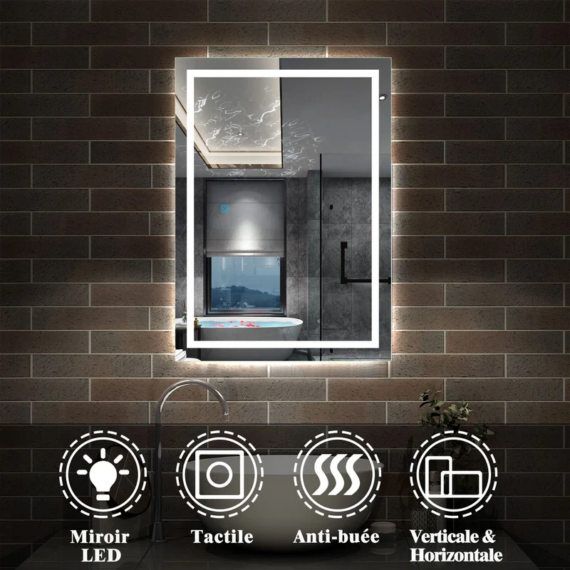 Miroir mural de salle de bain, éclairage LED intégré avec anti-buée, 70cmx50cm