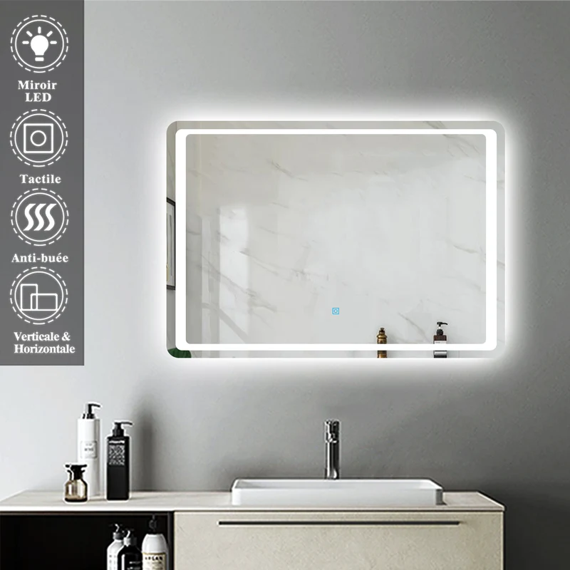 Miroir Mural de Salle de Bain modèle standard, éclairage LED intégré, interrupteur tactile avec anti-buée