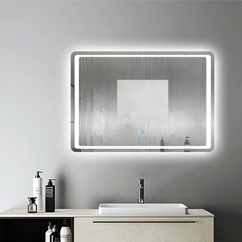 Miroir Mural de Salle de Bain modèle standard, éclairage LED intégré, interrupteur tactile avec anti-buée