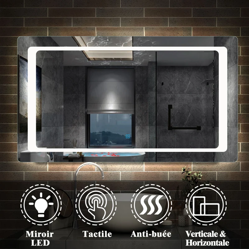 Miroir Mural de Salle de Bain modèle standard, éclairage LED intégré, interrupteur tactile avec anti-buée