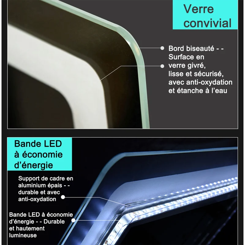 Miroir Mural de Salle de Bain modèle standard, éclairage LED intégré, interrupteur tactile avec anti-buée