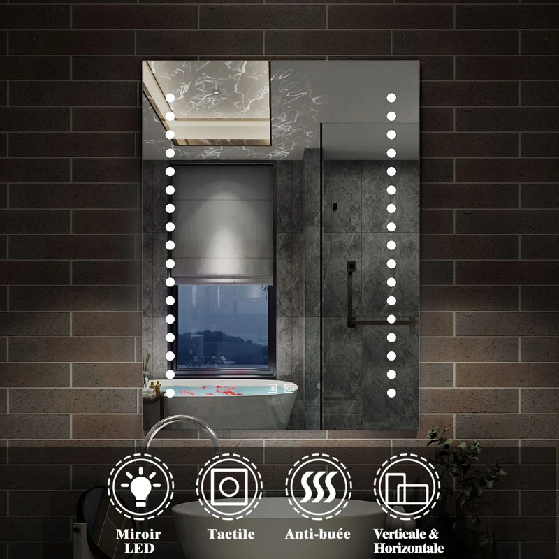 Miroir Mural de Salle de Bain, éclairage LED intégré, anti-buée, 2 interrupteurs, modèle Multipoints