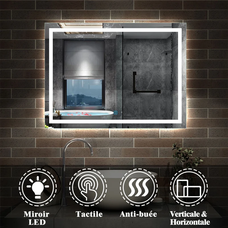 Miroir mural de salle de bain, illumination LED, éclairage intégré Blanc Froid/Anti-buée