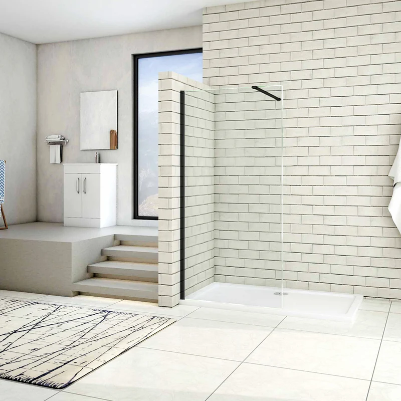 Paroi de douche 50-160x200cm en noire mat paroi à l'italienne en 8mm verre anticalcaire livré avec une barre de fixation 90cm en noire mat