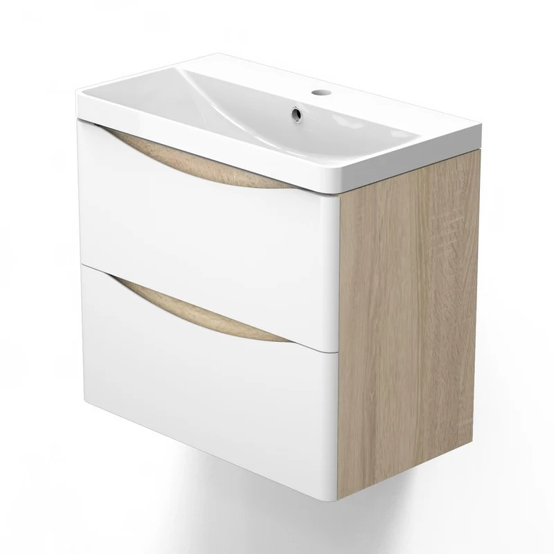 Meuble de salle de bain, Meuble de rangement avec lavabo, Meuble sous vasque suspendu, Blanc et Bois Clair 50cm 60 cm 80cm