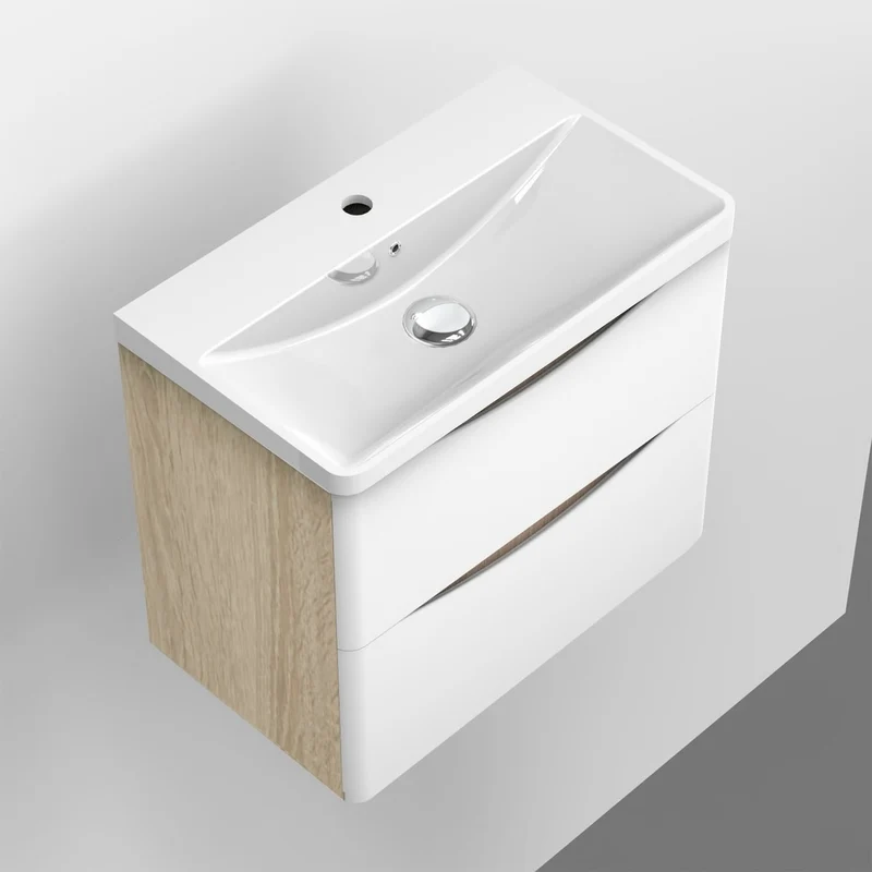 Meuble de salle de bain, Meuble de rangement avec lavabo, Meuble sous vasque suspendu, Blanc et Bois Clair 50cm 60 cm 80cm
