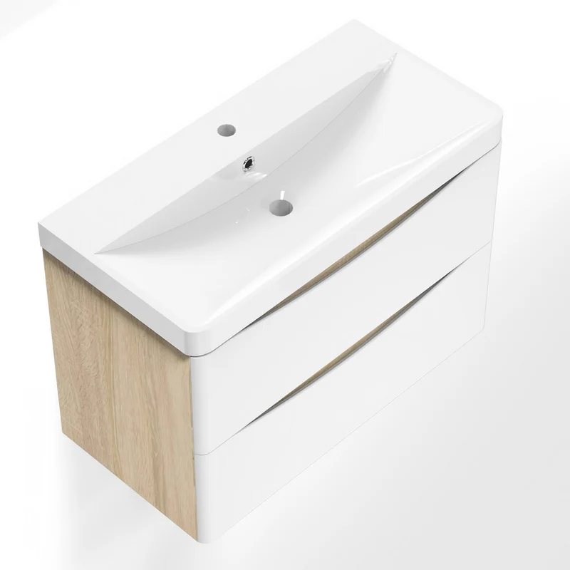 Meuble de salle de bain, Meuble de rangement avec lavabo, Meuble sous vasque suspendu, Blanc et Bois Clair 50cm 60 cm 80cm