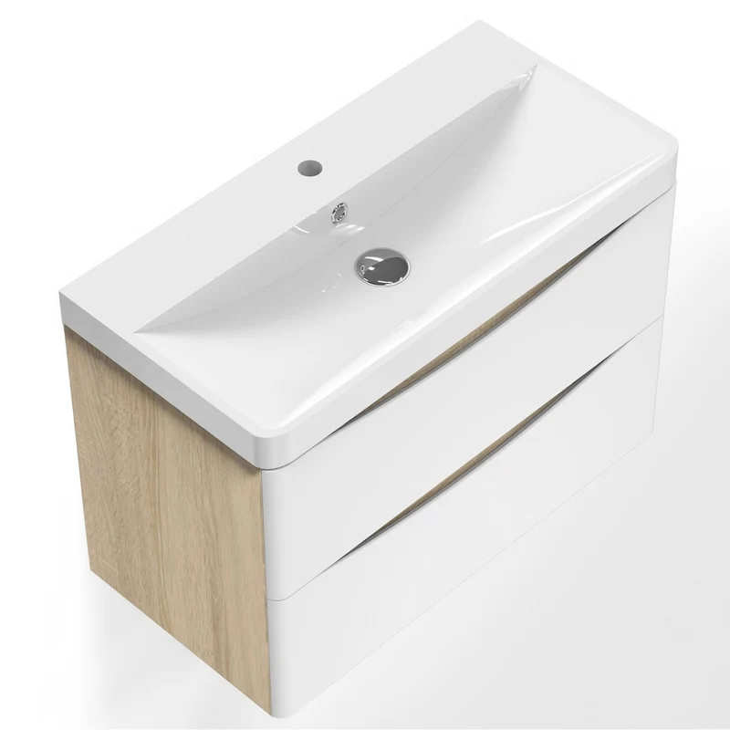Meuble de salle de bain, Meuble de rangement avec lavabo, Meuble sous vasque suspendu, Blanc et Bois Clair 50cm 60 cm 80cm