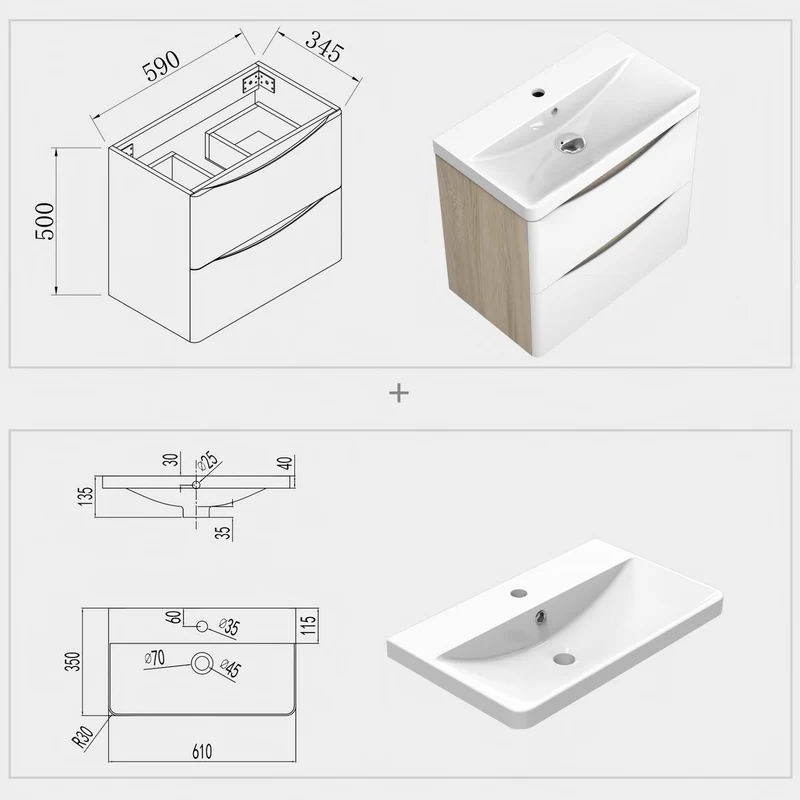 Meuble de salle de bain, Meuble de rangement avec lavabo, Meuble sous vasque suspendu, Blanc et Bois Clair 50cm 60 cm 80cm