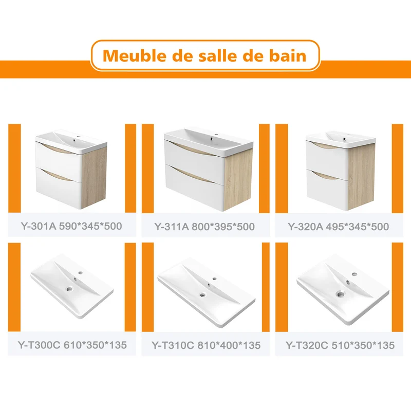 Meuble de salle de bain, Meuble de rangement avec lavabo, Meuble sous vasque suspendu, Blanc et Bois Clair 50cm 60 cm 80cm