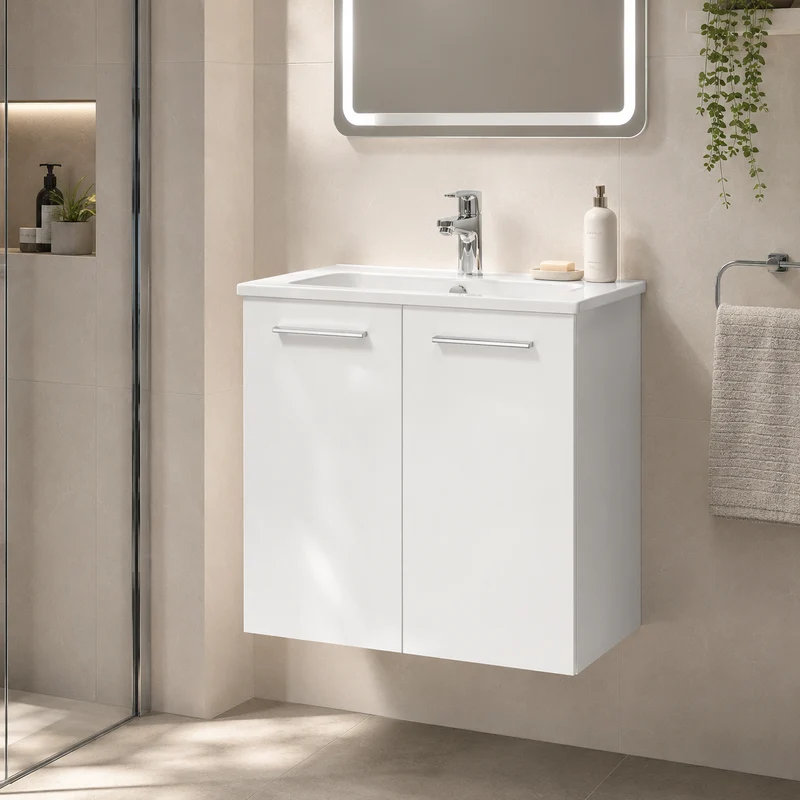 Vitra Mia 600mm Wall Hung 2 Door Washbasin Unit inc Basin - Gloss White