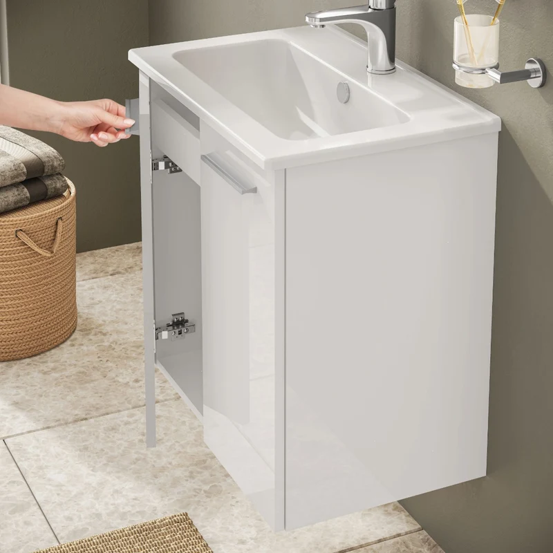 Vitra Mia 600mm Wall Hung 2 Door Washbasin Unit inc Basin - Gloss White
