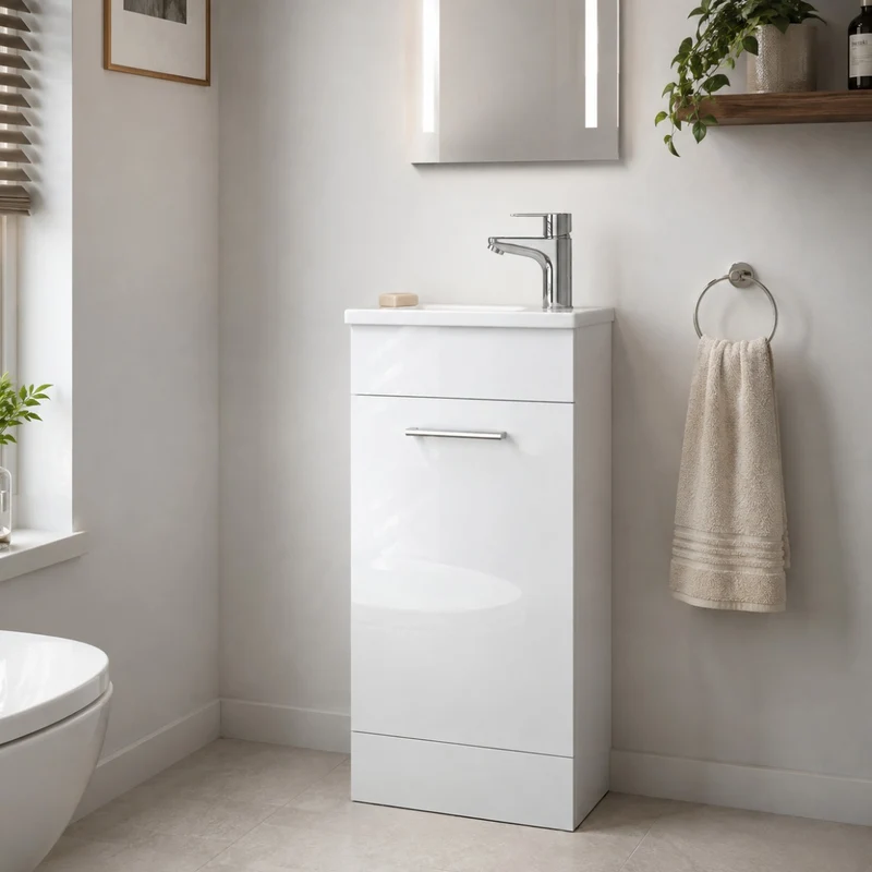 Vitra Mia 400mm Floor Standing 1 Door Washbasin Unit inc Basin - White High Gloss