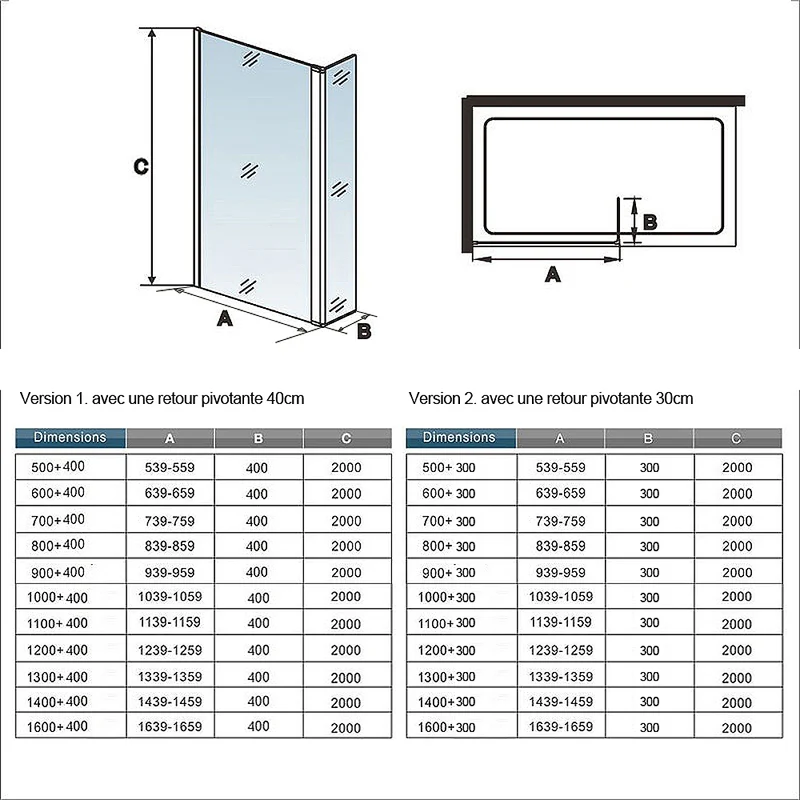 Aica Paroi de douche à l'italienne avec une retour pivotante 30cm et barre de satbislisation extensible 70-120cm paroi de douche en verre anticalcaire
