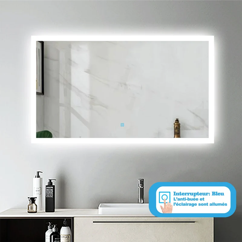 Miroir pour salle de bain rectangulaire, illumination LED, éclairage intégré, avec fonction anti-buée, lumière Blanche Froide, Horizontal/Vertical