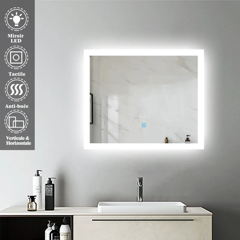Miroir pour salle de bain rectangulaire, illumination LED, éclairage intégré, avec fonction anti-buée, lumière Blanche Froide, Horizontal/Vertical