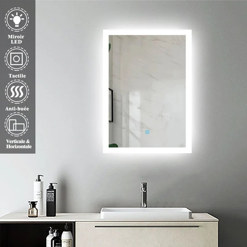Miroir pour salle de bain rectangulaire, illumination LED, éclairage intégré, avec fonction anti-buée, lumière Blanche Froide, Horizontal/Vertical