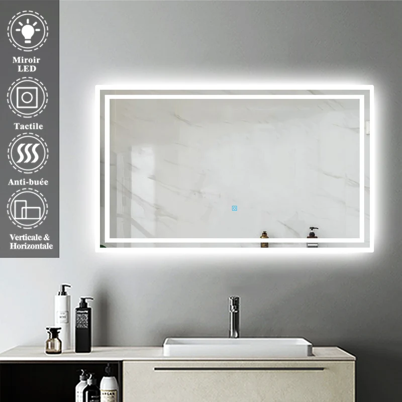 Miroir mural de salle de bain, illumination LED, éclairage intégré, lumière Blanche Froide/Anti-buée 60cm 80cm 90cm 100cm