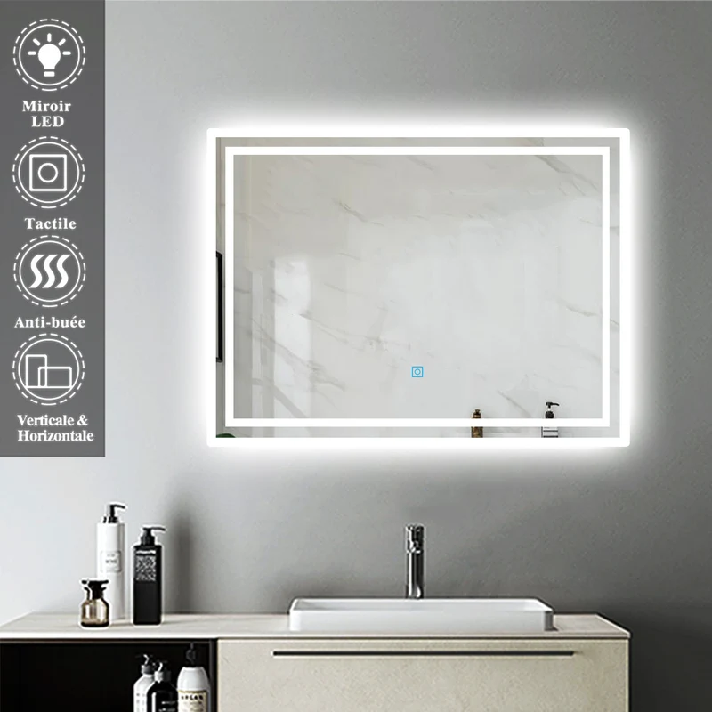 Miroir mural de salle de bain, illumination LED, éclairage intégré, lumière Blanche Froide/Anti-buée 60cm 80cm 90cm 100cm