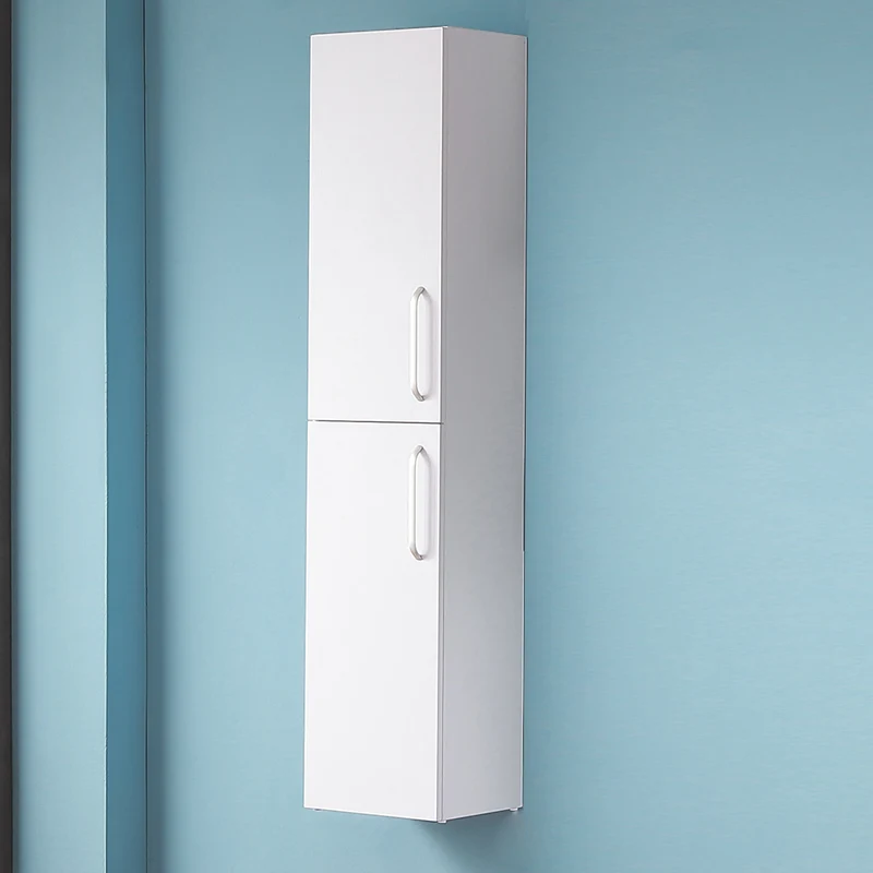 Meuble de rangement, colonne de salle de bain haute blanche à poser ou à suspendre, 2 portes et 5 compartiments