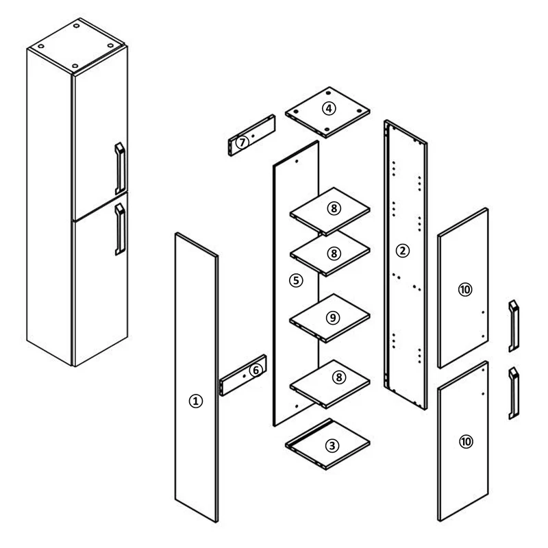 Meuble de rangement, colonne de salle de bain haute blanche à poser ou à suspendre, 2 portes et 5 compartiments
