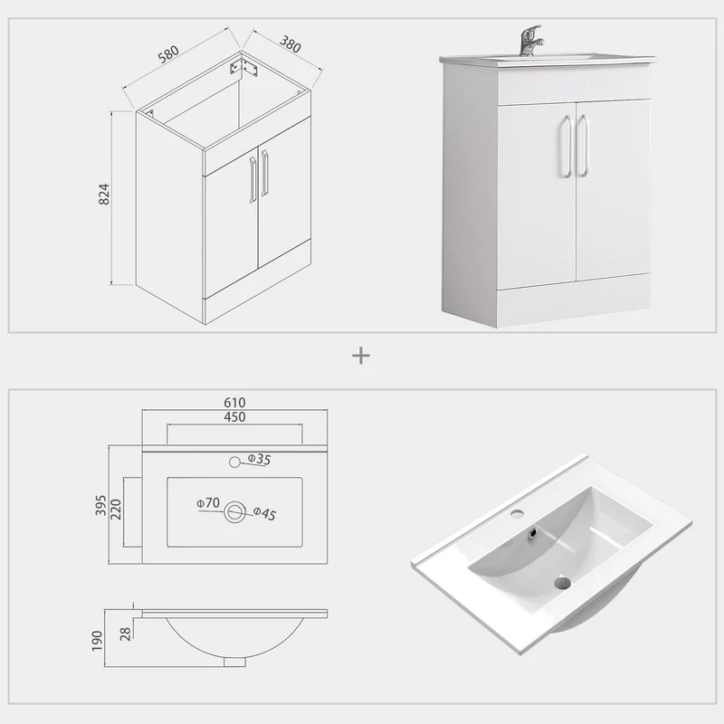 Meuble de salle de bain, Meuble sous vasque à poser avec vasque, 58cm Blanc/Chêne