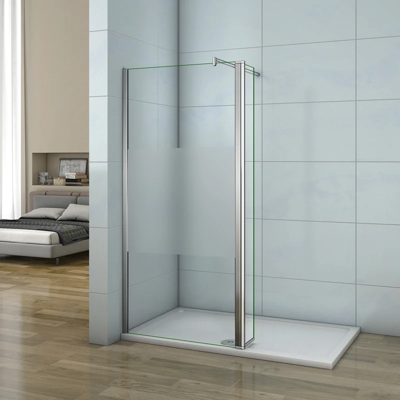 Aica paroi de douche à l'italienne en verre sécurité et bande central dépoli avec un retour pivotant 30cm avec barre de fixation extensible