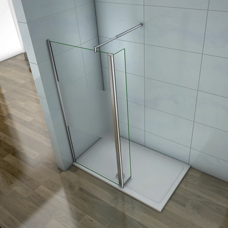 Aica paroi de douche à l'italienne en verre sécurité et bande central dépoli avec un retour pivotant 30cm avec barre de fixation extensible