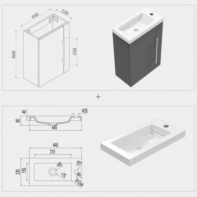 Meuble de salle de bain, Meuble de Rangement, Meuble lave-mains, meuble sous vasque suspendu Blanc/Anthracite/Bois Clair 45cm