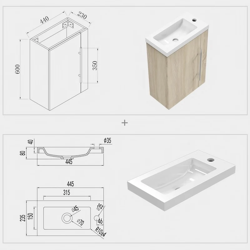 Meuble de salle de bain, Meuble de Rangement, Meuble lave-mains, meuble sous vasque suspendu Blanc/Anthracite/Bois Clair 45cm