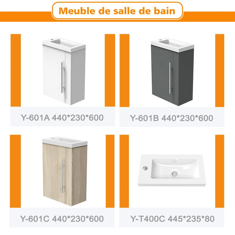 Meuble de salle de bain, Meuble de Rangement, Meuble lave-mains, meuble sous vasque suspendu Blanc/Anthracite/Bois Clair 45cm