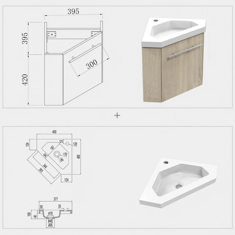 Meuble de salle de bain, Meuble de rangement suspendu, Meuble sous vasque d'angle Blanc/Anthracite/Bois Clair 40 cm