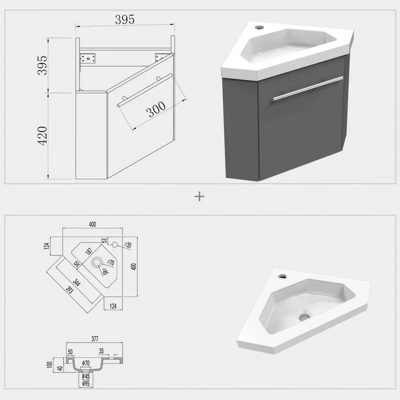 Meuble de salle de bain, Meuble de rangement suspendu, Meuble sous vasque d'angle Blanc/Anthracite/Bois Clair 40 cm