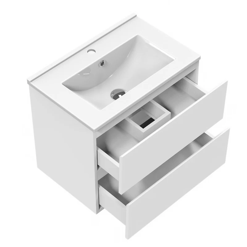 Meuble de salle de bain, Meuble de rangement avec lavabo, Meuble sous vasque suspendu, Blanc/Anthracite/Bois Clair, 60 cm