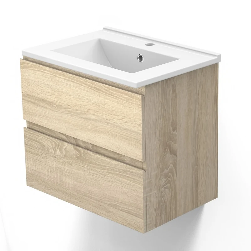 Meuble de salle de bain, Meuble de rangement avec lavabo, Meuble sous vasque suspendu, Blanc/Anthracite/Bois Clair, 60 cm