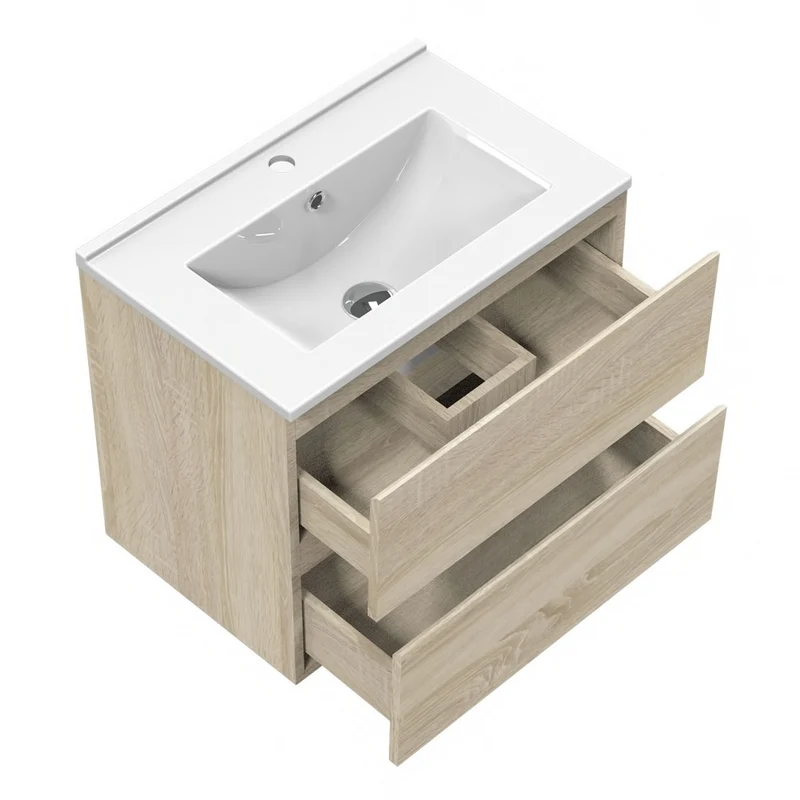 Meuble de salle de bain, Meuble de rangement avec lavabo, Meuble sous vasque suspendu, Blanc/Anthracite/Bois Clair, 60 cm